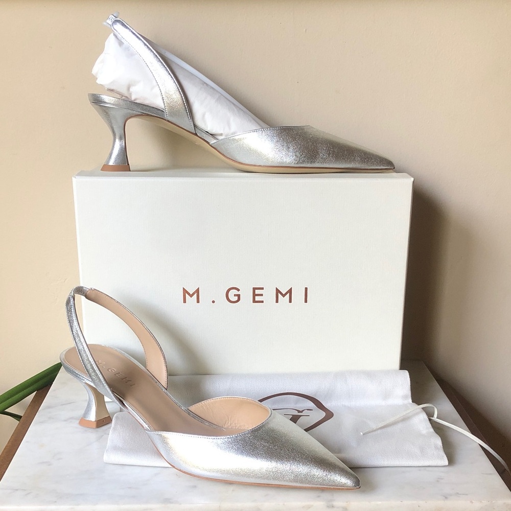 M. Gemi Metallic Silver Pointed Slingback Kitten Heels New in Box. W/ dust bag.